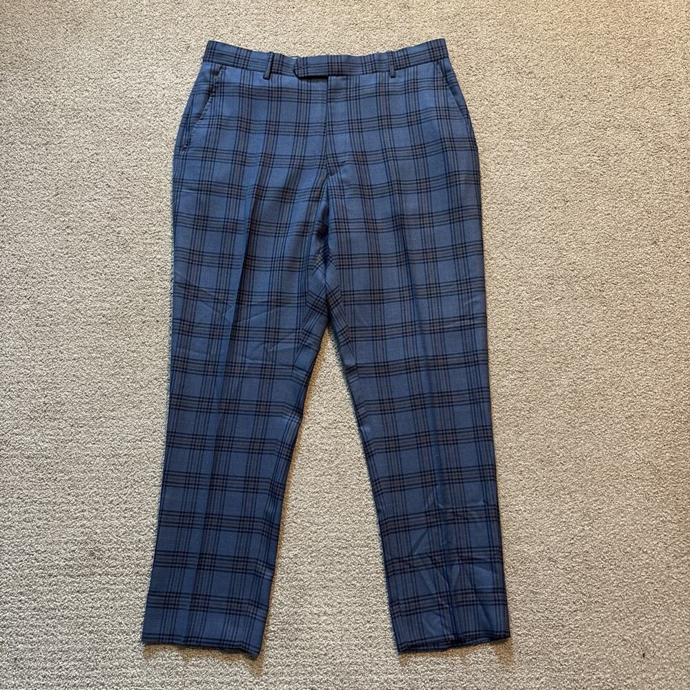 David Alan Dormeuil Ethical Cloth Blue Windowpane Men Dress Pants John Cena